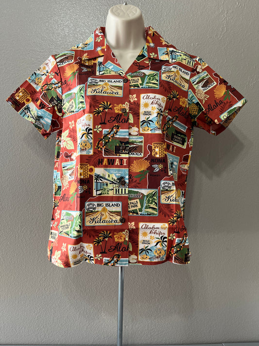 Women’s Red Postcard Aloha Shirt