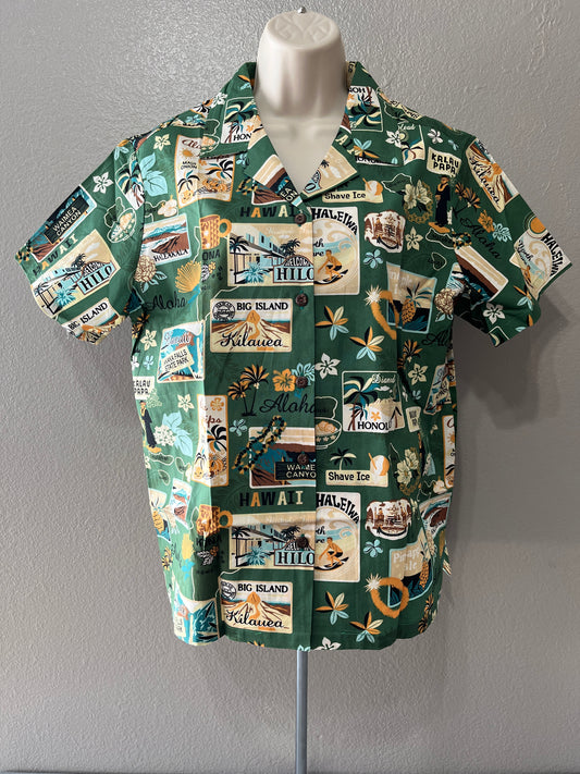 Women’s Green Postcard Aloha Shirt